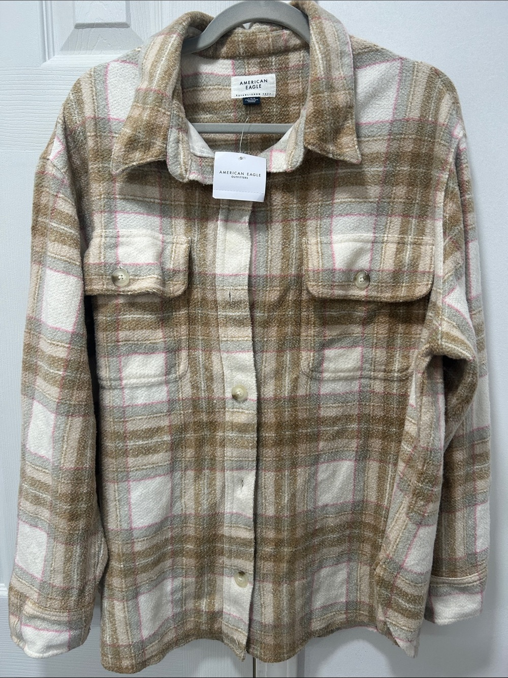 American Eagle Outfitters Plaid Shacket in Beige, Cream and Pink